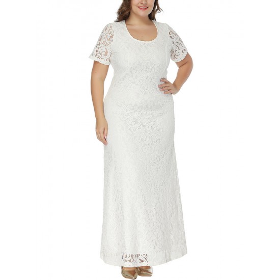 Plus Size Elegant Lace Hollow Out Short Sleeve Party Dress