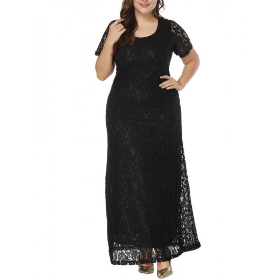 Plus Size Elegant Lace Hollow Out Short Sleeve Party Dress