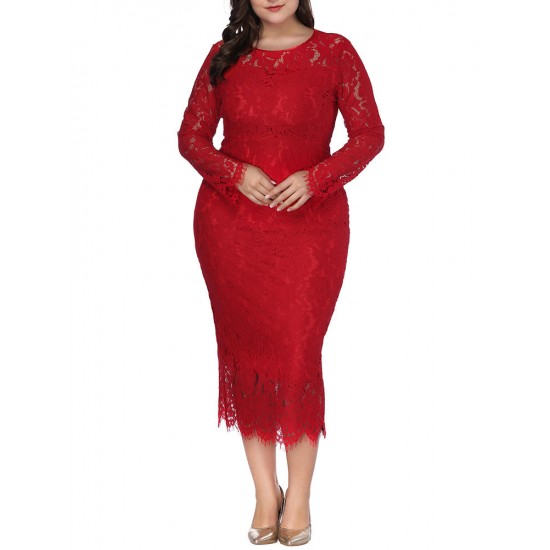 Plus Size Lace Elegant Party Long Sleeve Women Dress