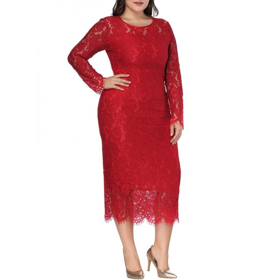 Plus Size Lace Elegant Party Long Sleeve Women Dress