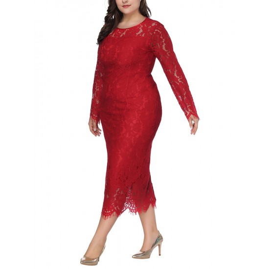 Plus Size Lace Elegant Party Long Sleeve Women Dress