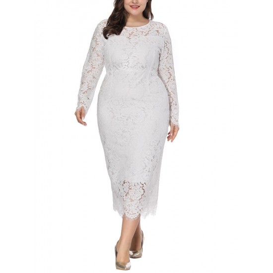 Plus Size Lace Elegant Party Long Sleeve Women Dress