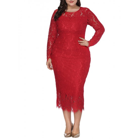 Plus Size Lace Elegant Party Long Sleeve Women Dress