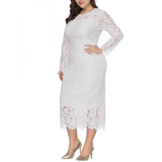 Plus Size Lace Elegant Party Long Sleeve Women Dress