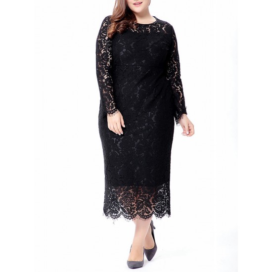 Plus Size Lace Elegant Party Long Sleeve Women Dress