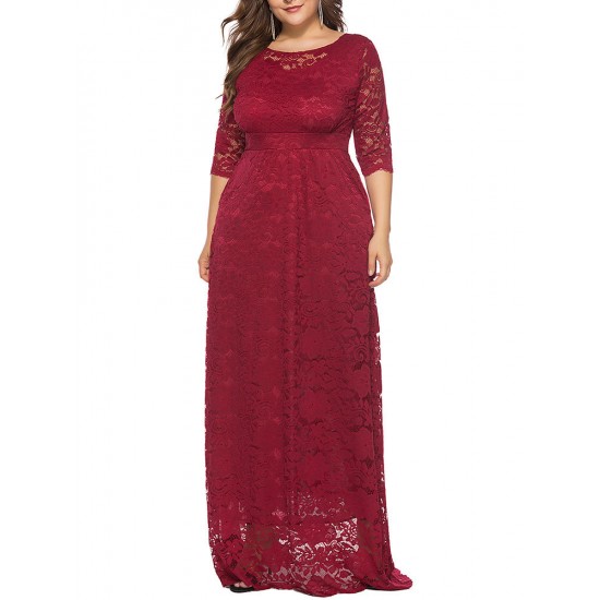 Plus Size Women Elegant 3/4 Sleeve Lace Long Dress