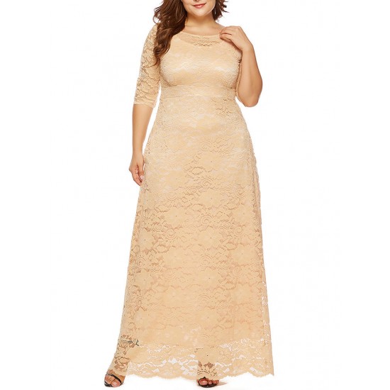 Plus Size Women Elegant 3/4 Sleeve Lace Long Dress