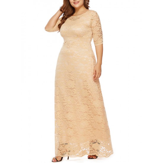 Plus Size Women Elegant 3/4 Sleeve Lace Long Dress