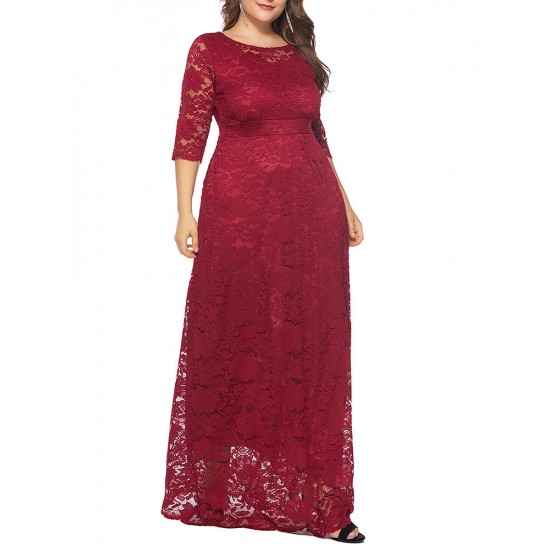 Plus Size Women Elegant 3/4 Sleeve Lace Long Dress