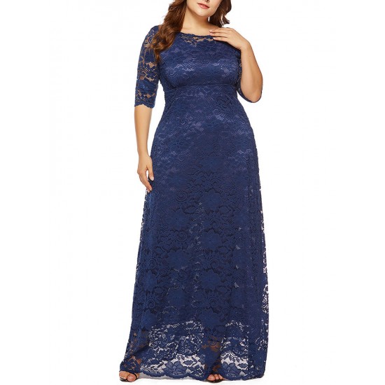 Plus Size Women Elegant 3/4 Sleeve Lace Long Dress