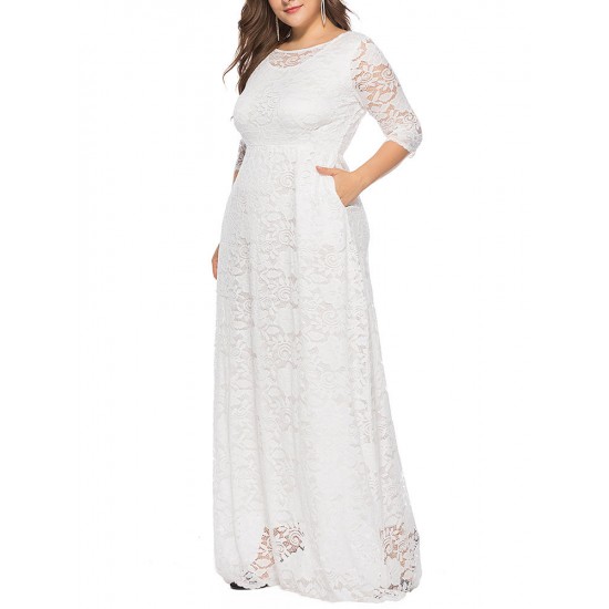 Plus Size Women Elegant 3/4 Sleeve Lace Long Dress