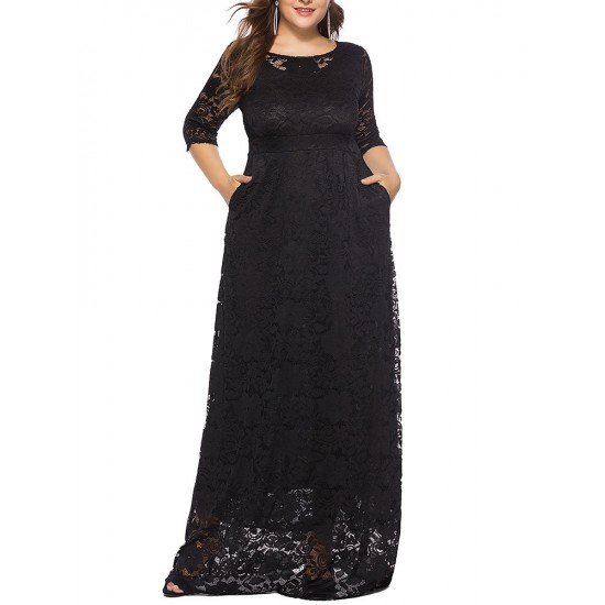 Plus Size Women Elegant 3/4 Sleeve Lace Long Dress