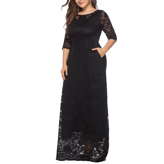 Plus Size Women Elegant 3/4 Sleeve Lace Long Dress