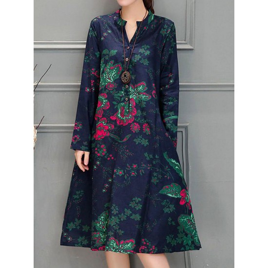 Chinese Style Vintage Floral V-neck Long Sleeve Dress with Pockets