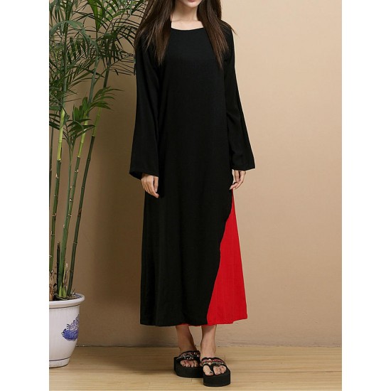 Elegant Color Contrast Patchwork Long Sleeve Fake-Two Piece Maxi Dress