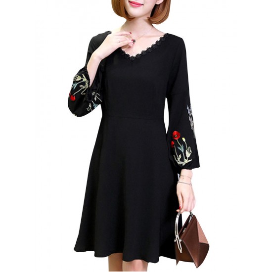 Elegant Women A Line Dress Embroidered Lantern Sleeve Casual Dresses