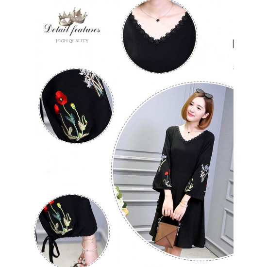 Elegant Women A Line Dress Embroidered Lantern Sleeve Casual Dresses