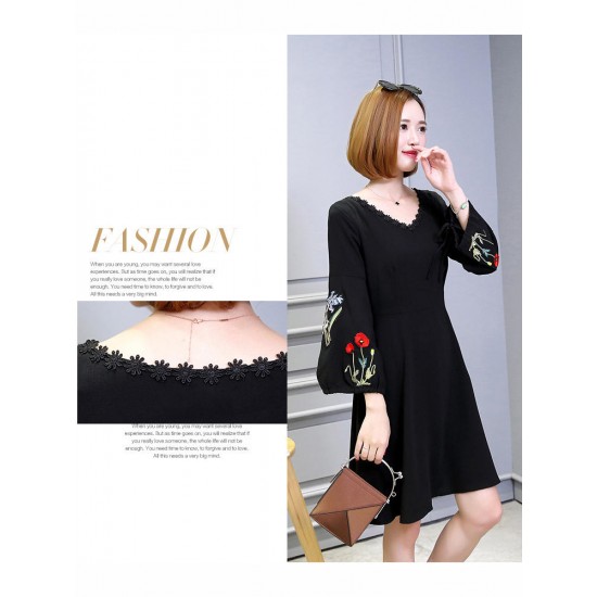 Elegant Women A Line Dress Embroidered Lantern Sleeve Casual Dresses