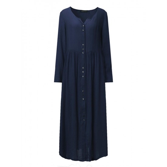 Elegant Women Button Solid Color Long Sleeve V-Neck Midi Dress