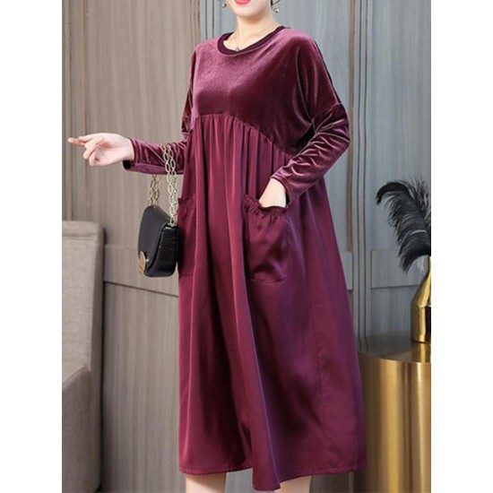 Elegant Women Crew Neck Two Tone Patchwork Velvet Long Sleeve Dress