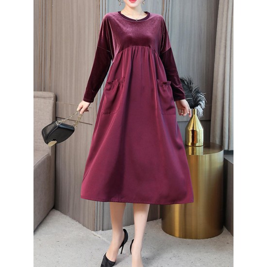 Elegant Women Crew Neck Two Tone Patchwork Velvet Long Sleeve Dress