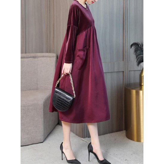 Elegant Women Crew Neck Two Tone Patchwork Velvet Long Sleeve Dress