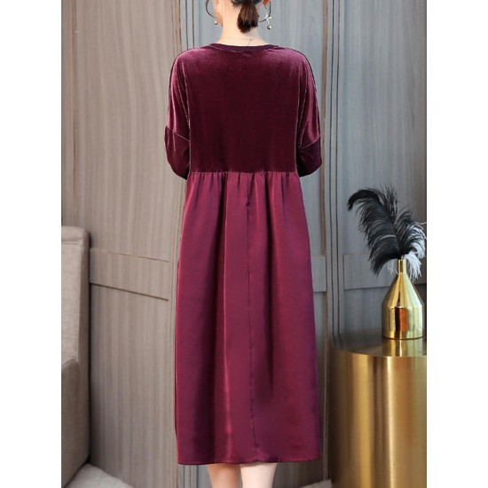 Elegant Women Crew Neck Two Tone Patchwork Velvet Long Sleeve Dress