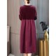 Elegant Women Crew Neck Two Tone Patchwork Velvet Long Sleeve Dress