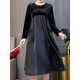 Elegant Women Crew Neck Two Tone Patchwork Velvet Long Sleeve Dress