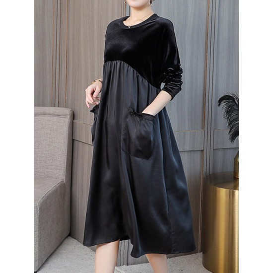 Elegant Women Crew Neck Two Tone Patchwork Velvet Long Sleeve Dress