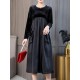 Elegant Women Crew Neck Two Tone Patchwork Velvet Long Sleeve Dress