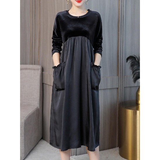 Elegant Women Crew Neck Two Tone Patchwork Velvet Long Sleeve Dress