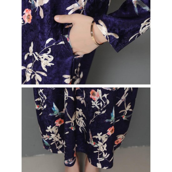 Elegant Women Thick Velvet Floral Dress