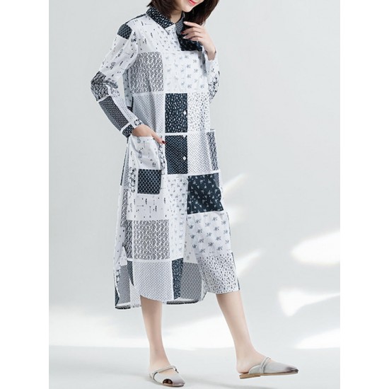 Ethnic Style Patchwork Long Sleeve Women Shirt Dress