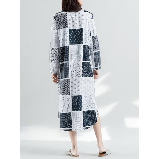 Ethnic Style Patchwork Long Sleeve Women Shirt Dress