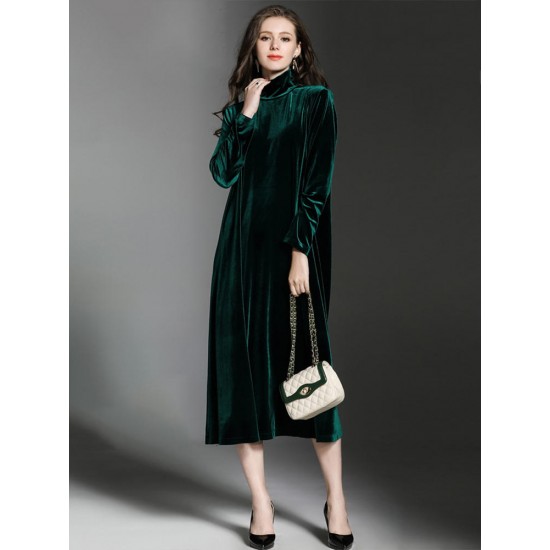 High Quality High Collar Long Sleeve Velvet Dress