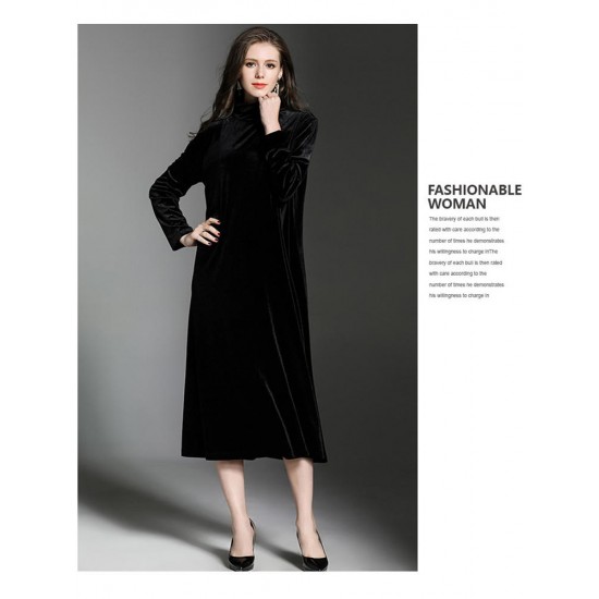 High Quality High Collar Long Sleeve Velvet Dress