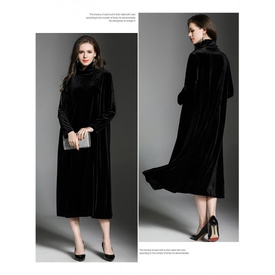 High Quality High Collar Long Sleeve Velvet Dress