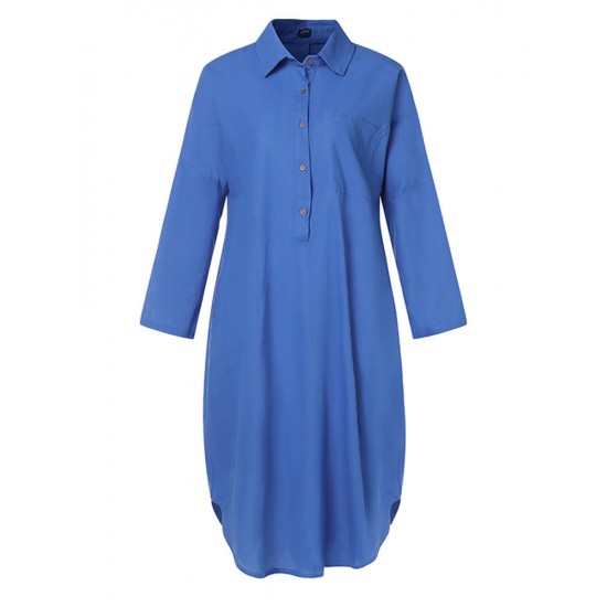 M-5XL Cotton Solid Color Long Sleeve Women Dress