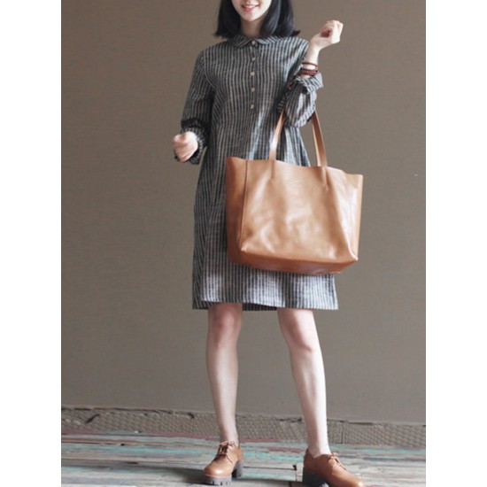 S-5XL Women Vintage Long Sleeve Striped Shirt Dress with Button
