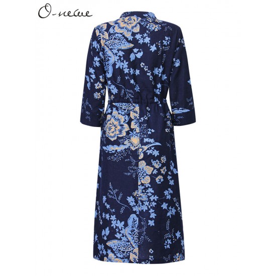 Vintage Women Ethnic style Chinese Frog Printed Long Sleeve Dress