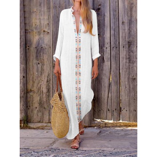 Bohemian Print V-neck Long Sleeve Side Slit Maxi Dress