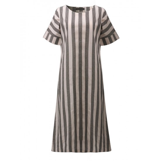 Casual Women Vertical Striped Dress O-neck Short Sleeves Dresses