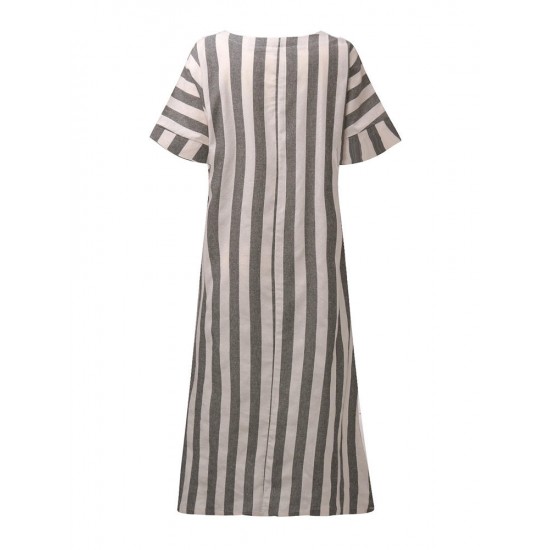 Casual Women Vertical Striped Dress O-neck Short Sleeves Dresses