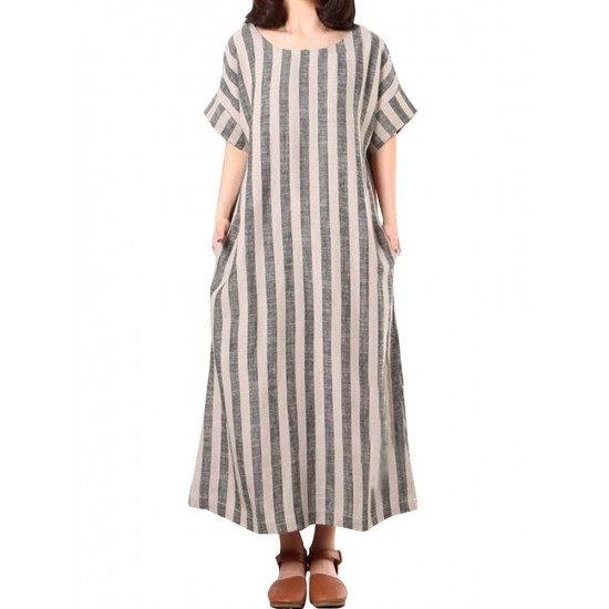 Casual Women Vertical Striped Dress O-neck Short Sleeves Dresses