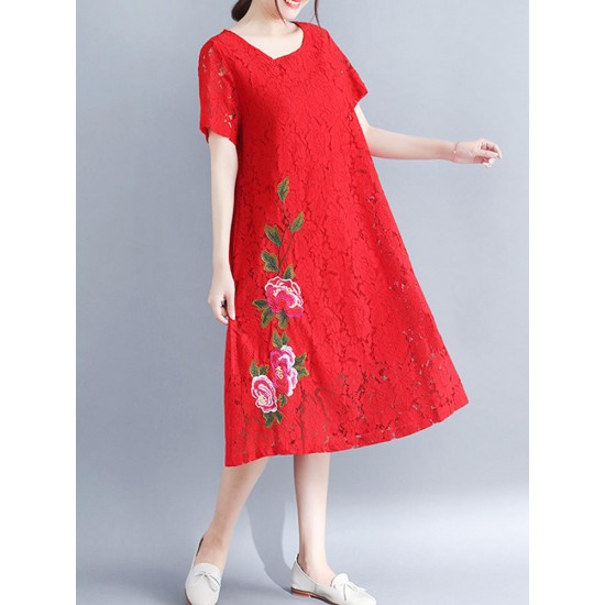 Cotton Lace Floral Embroidery Hollout Out Dress