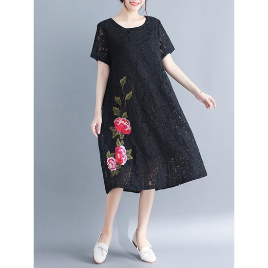 Cotton Lace Floral Embroidery Hollout Out Dress