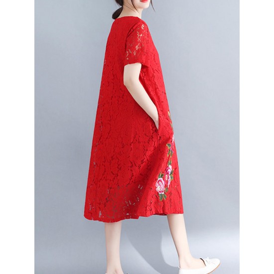 Cotton Lace Floral Embroidery Hollout Out Dress