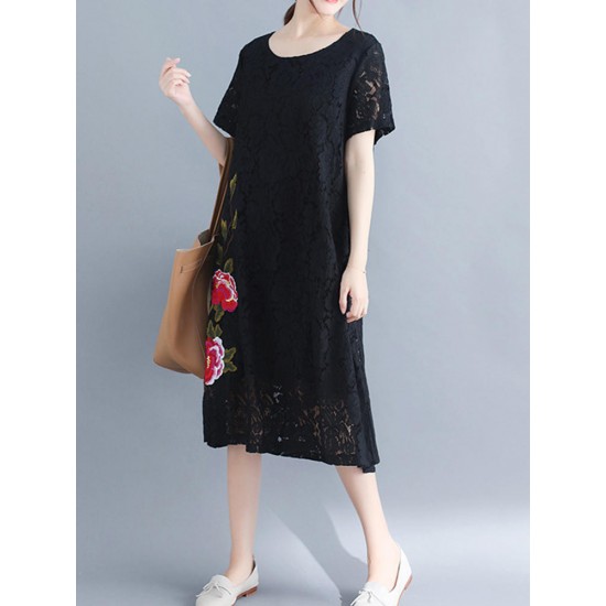 Cotton Lace Floral Embroidery Hollout Out Dress