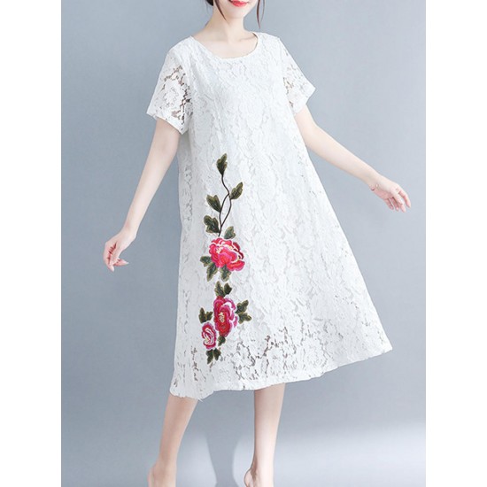 Cotton Lace Floral Embroidery Hollout Out Dress